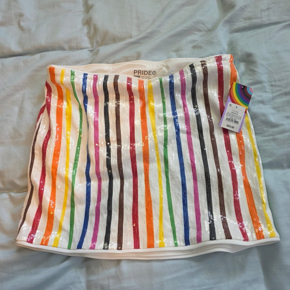 Pride Target Rainbow Sequin Mini Skirt White Multi Stripe Small NWT